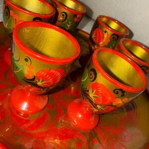 Vintage Soviet Hand-Painted Floral Goblet Set - Gold and Red